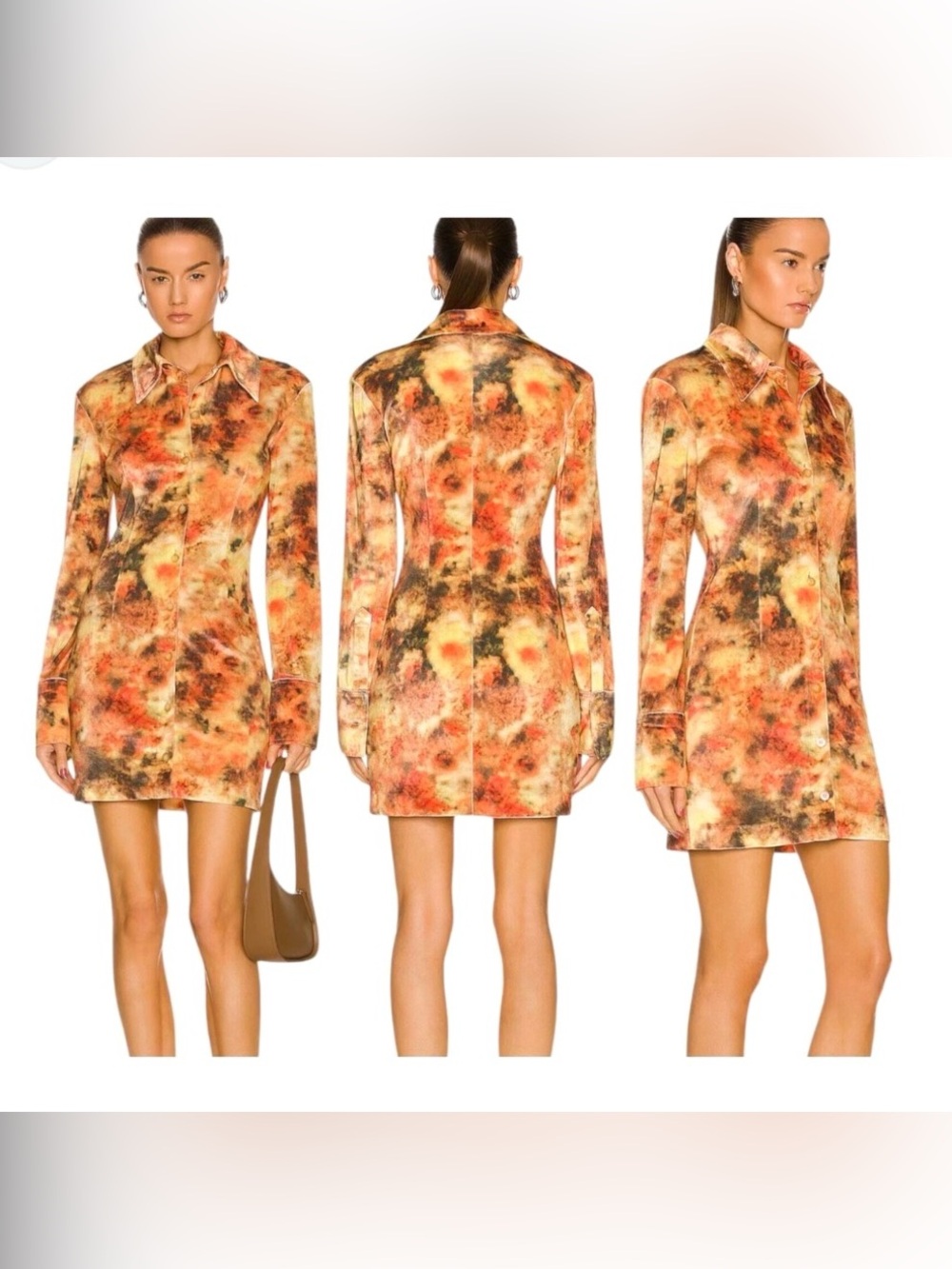 Nanushka Floral Long-Sleeve Shirt Dress in Orange